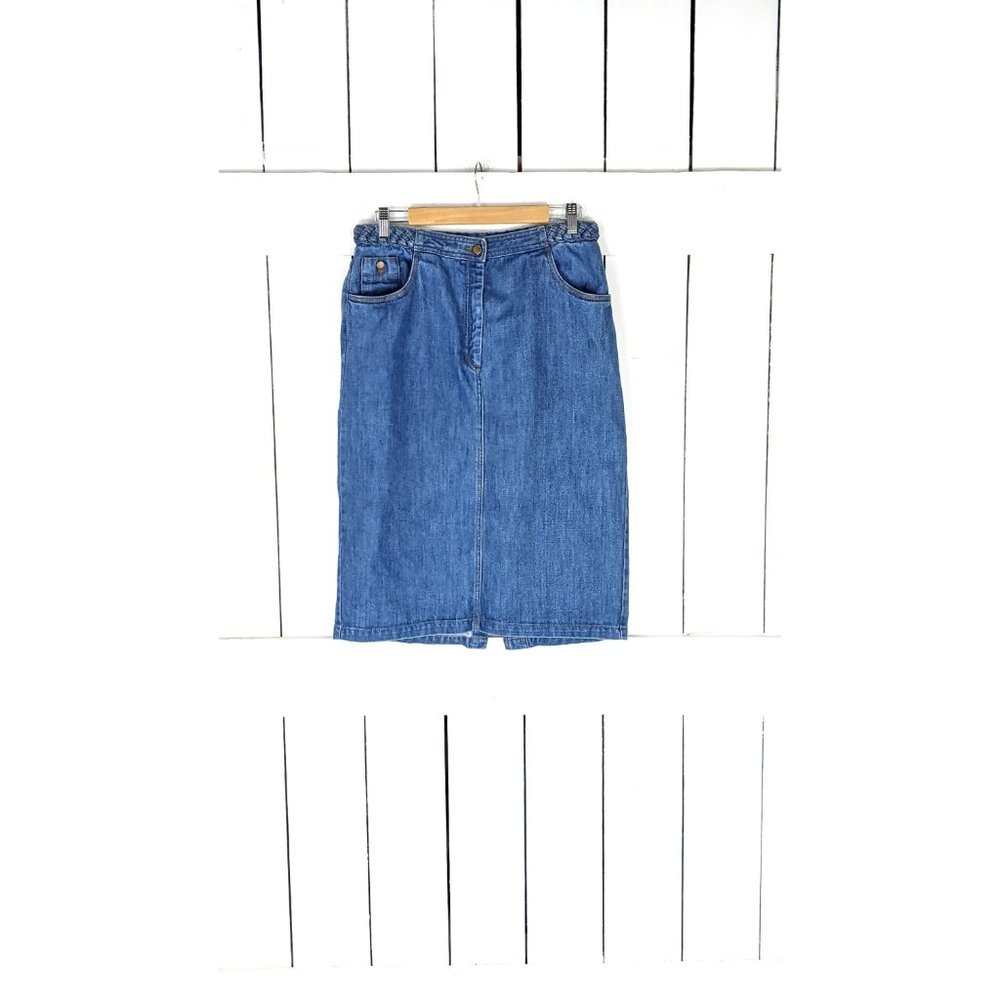 Vintage blue jean denim chambray braided belt pencil skirt